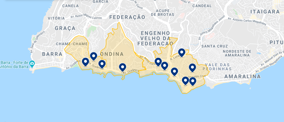 Mapa das melhores áreas para se hospedar em Salvador